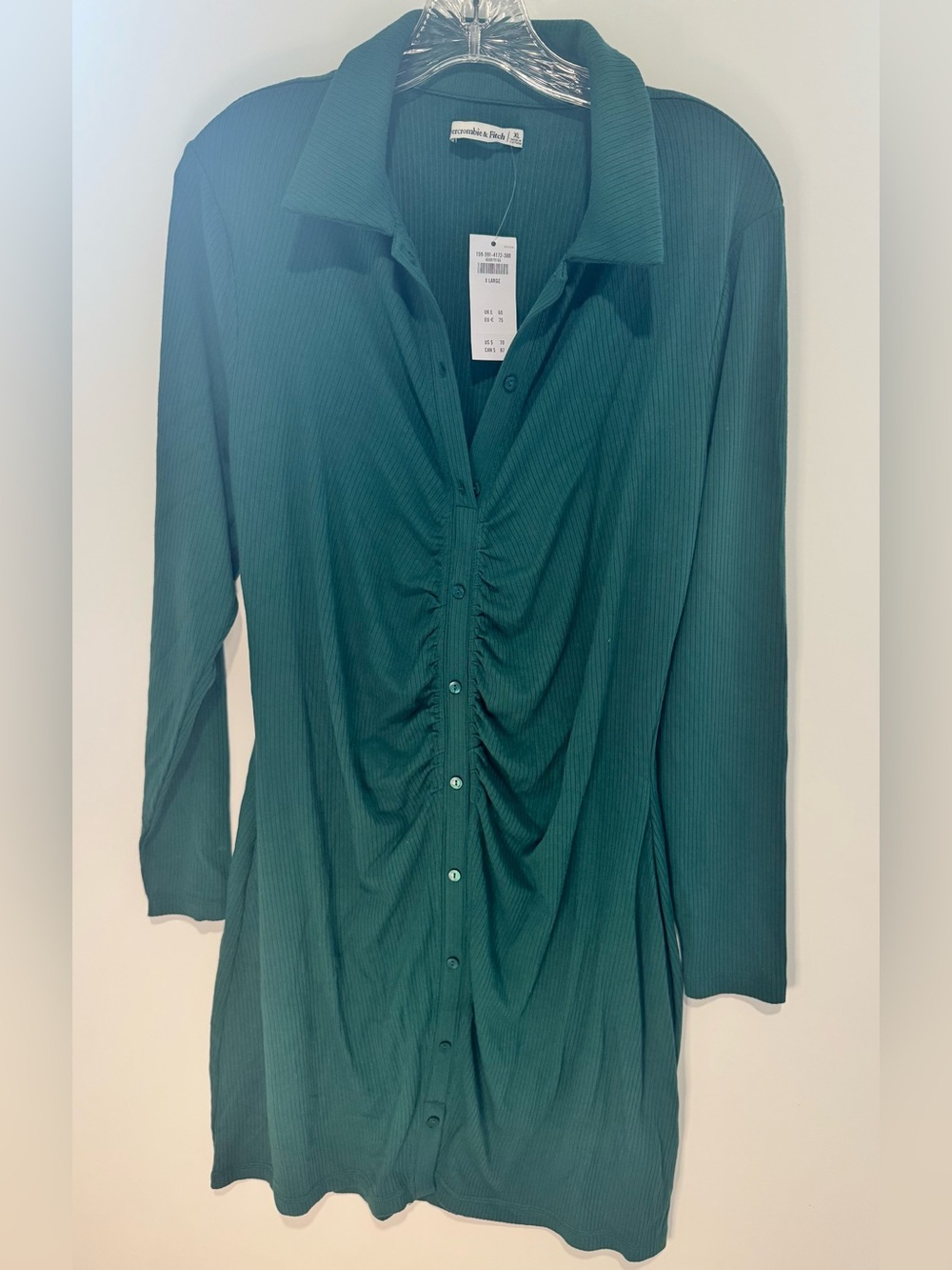 Abercrombie & Fitch NWT Emerald Green Ribbed Ruched Button Front Mini Dress XL